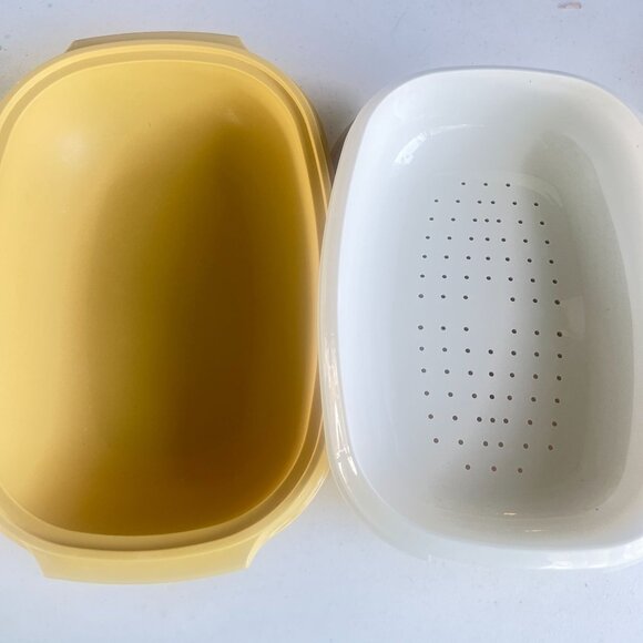 Vtg Tupperware 4Pc Microwave Steamer Strainer HarvestGold Bowl Set Divider & Lid - Picture 3 of 8